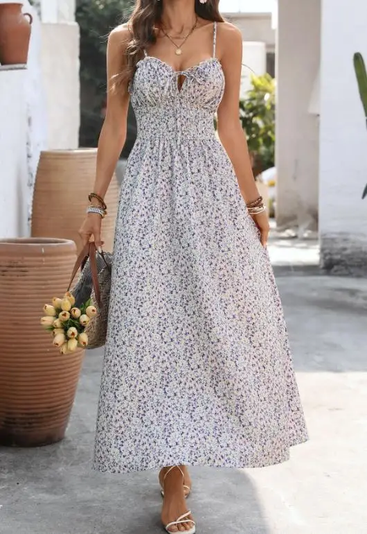 

2026 Summer New Fashion Casual Elegant Sexy Sweet Vacation Style Camisole Skirt with Waist Cinching Floral Dress