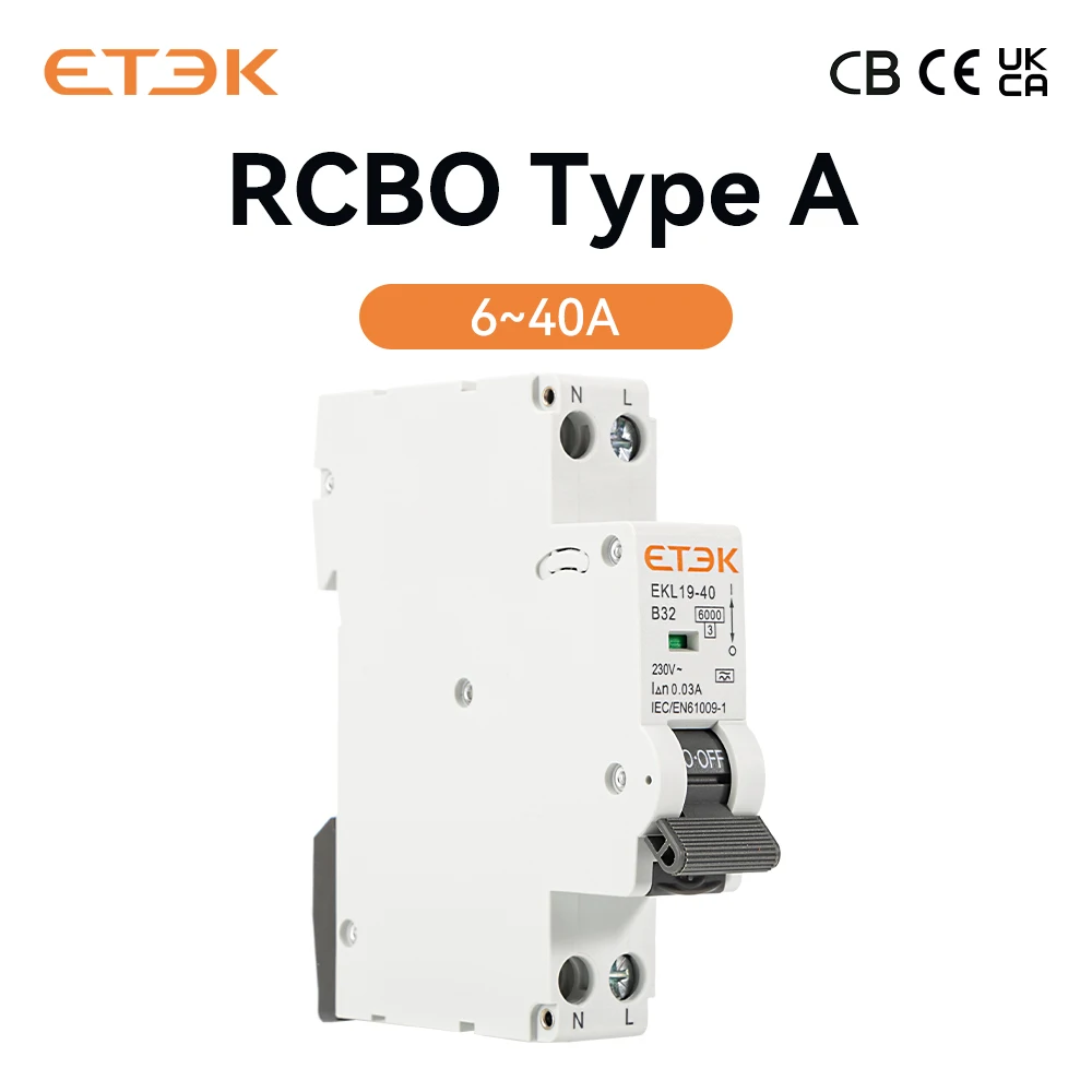 ETEK 18mm breedte RCBO type A 30mA reststroombeveiligingsschakelaar uitvoering module curve C & B EKL19