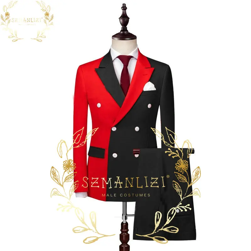 

SZMANLIZI 2022 Double Breasted Red And Black Mens Suits 2 Piece Peaked Lapel Groom Tuxedos For Wedding Groomsmen Suits For Men