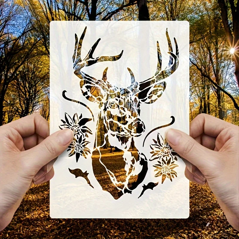 Modelo de estêncil de cabeça de cervo a4, 1 peça, para pintura diy, queima de madeira, arte de parede, tecido, álbum de recortes, decoração rústica