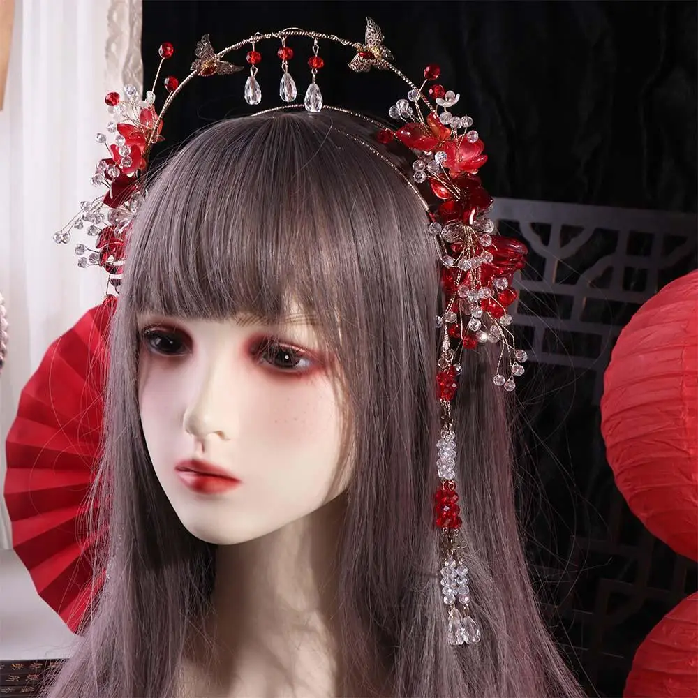 

Ancient Chinese Style Bride Tiaras Tassel Luxury Bride Headdress Gem Flower Wedding Hairband Hair Jewelry