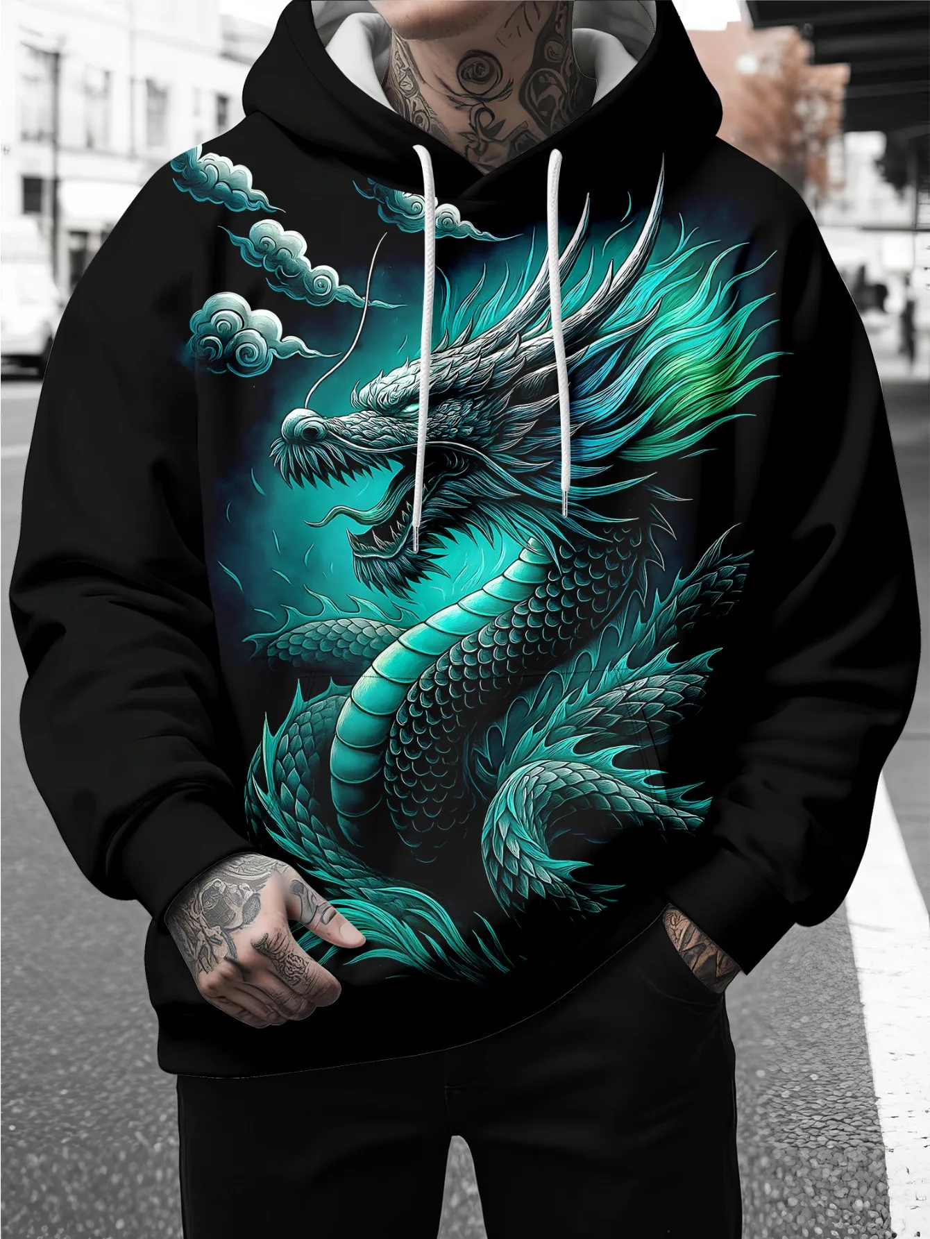 

3D Animal Print Men's Hoodie Funny Chinese Loong Pattern Sweatshirts Autumn Winter Casual Loose Pullover Street Fashion y2k Top