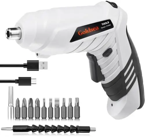 

Goldsea Cordless Electric Screwdriver 4.2V, 1500mAh, Type-C, 10pc Bits, LED, Adjustable Handle - Gray
