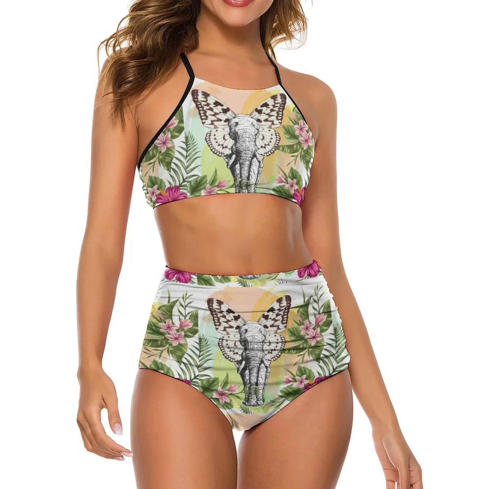 

Elephant Butterfly Bikini Swimsuit Floarl Print Art High Waist Swimwear Female Sexy Novelty Bikini Set Push Up Beach Outfits