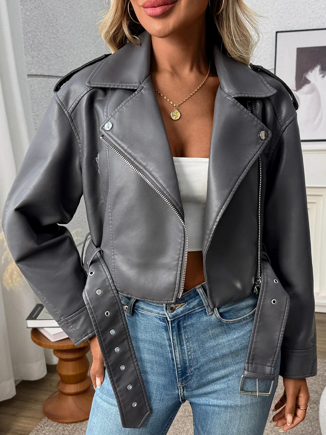 

Fitaylor Women Faux Leather Jacket Lapel Zipper Short Coat Lady Motorcycle Leather Outwear with Belt