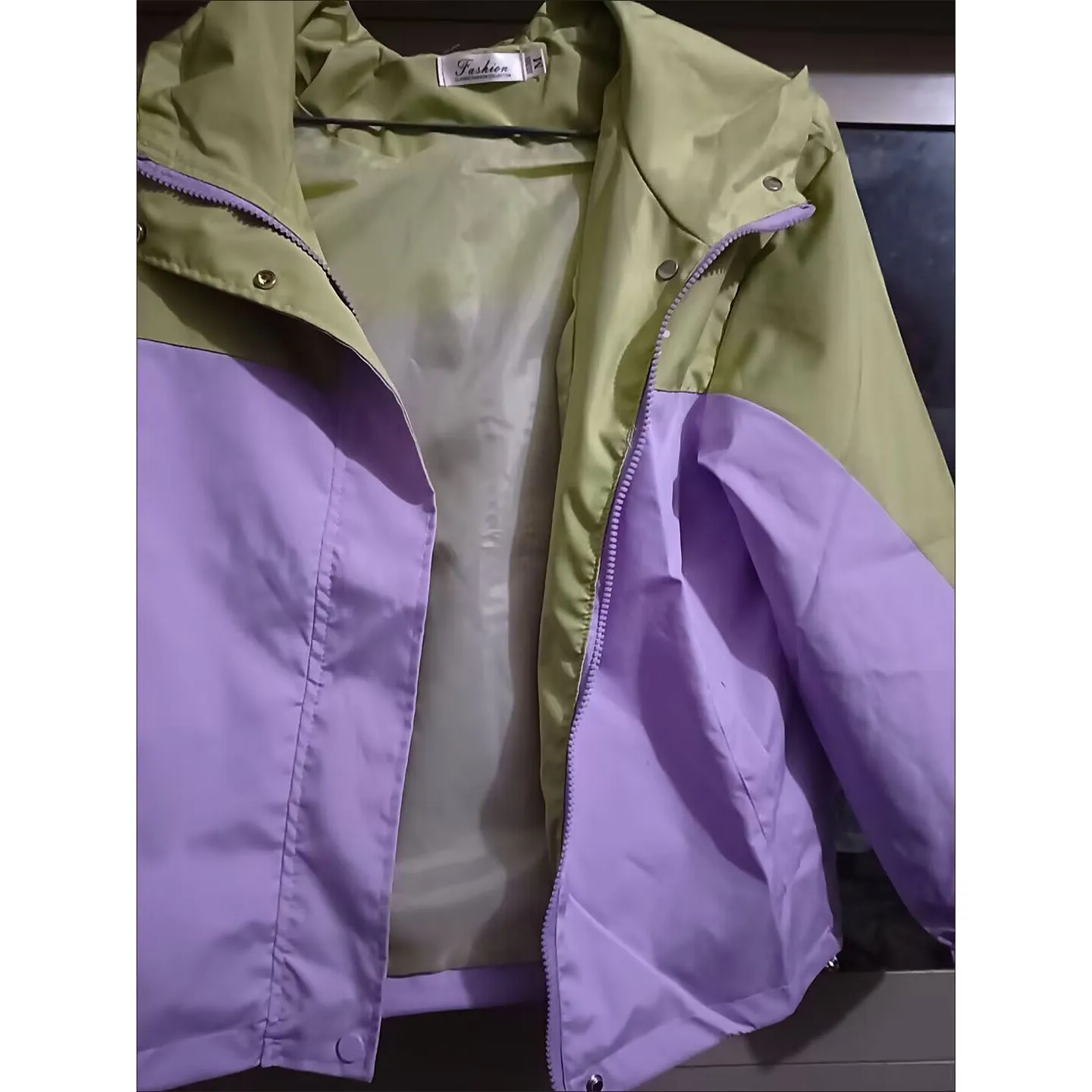 2025 Advanced Feeling Women Short Jacket Spring Autumn Causla Zipper Hooded Lined Coat Fashion Loose Patchwork Purple Outwear