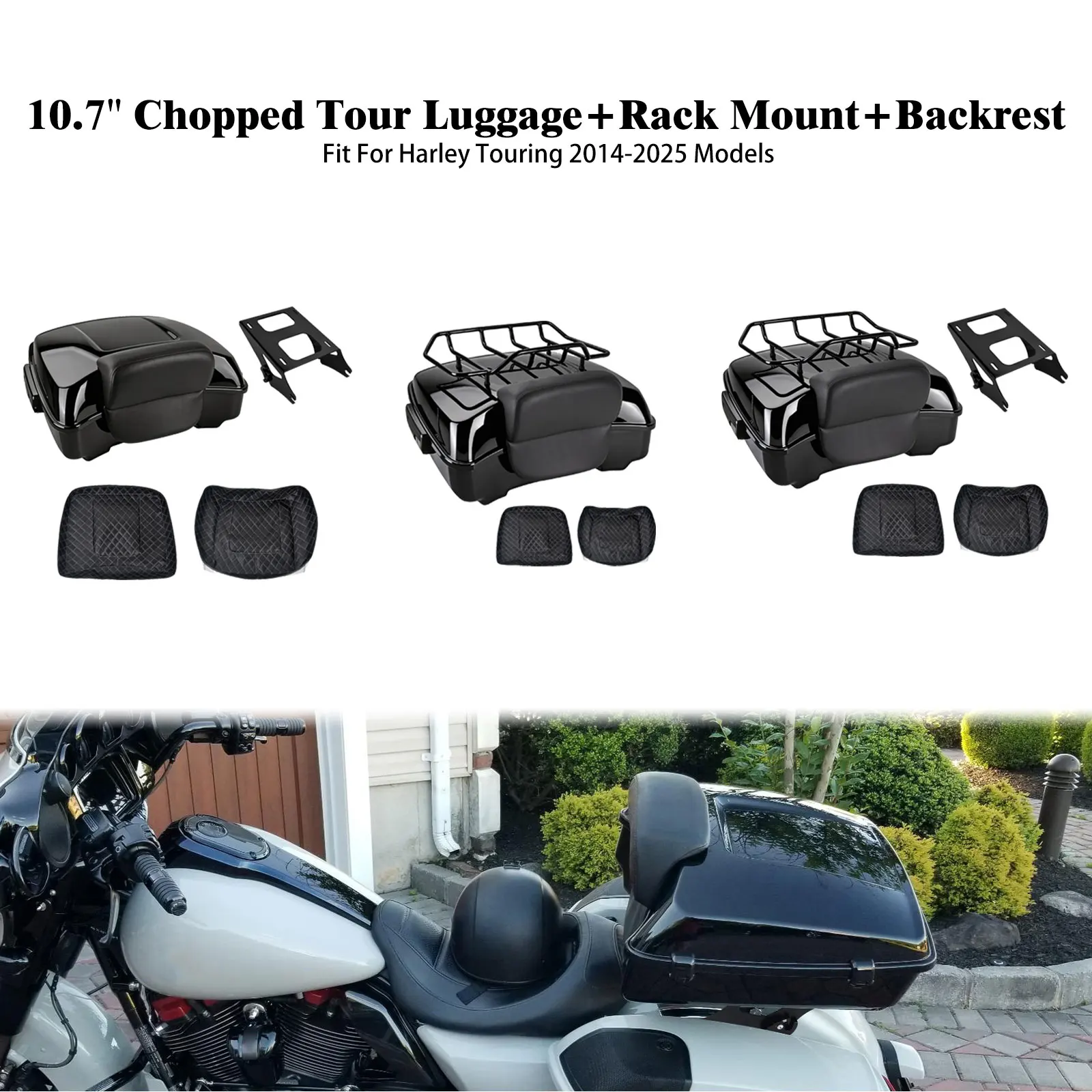 10.7'' Chopped Tour Luggage+Backrest+Rack Mounting Kit Motorcycle For Harley Touring Road King Street Electra Glide FLTRX 14-25