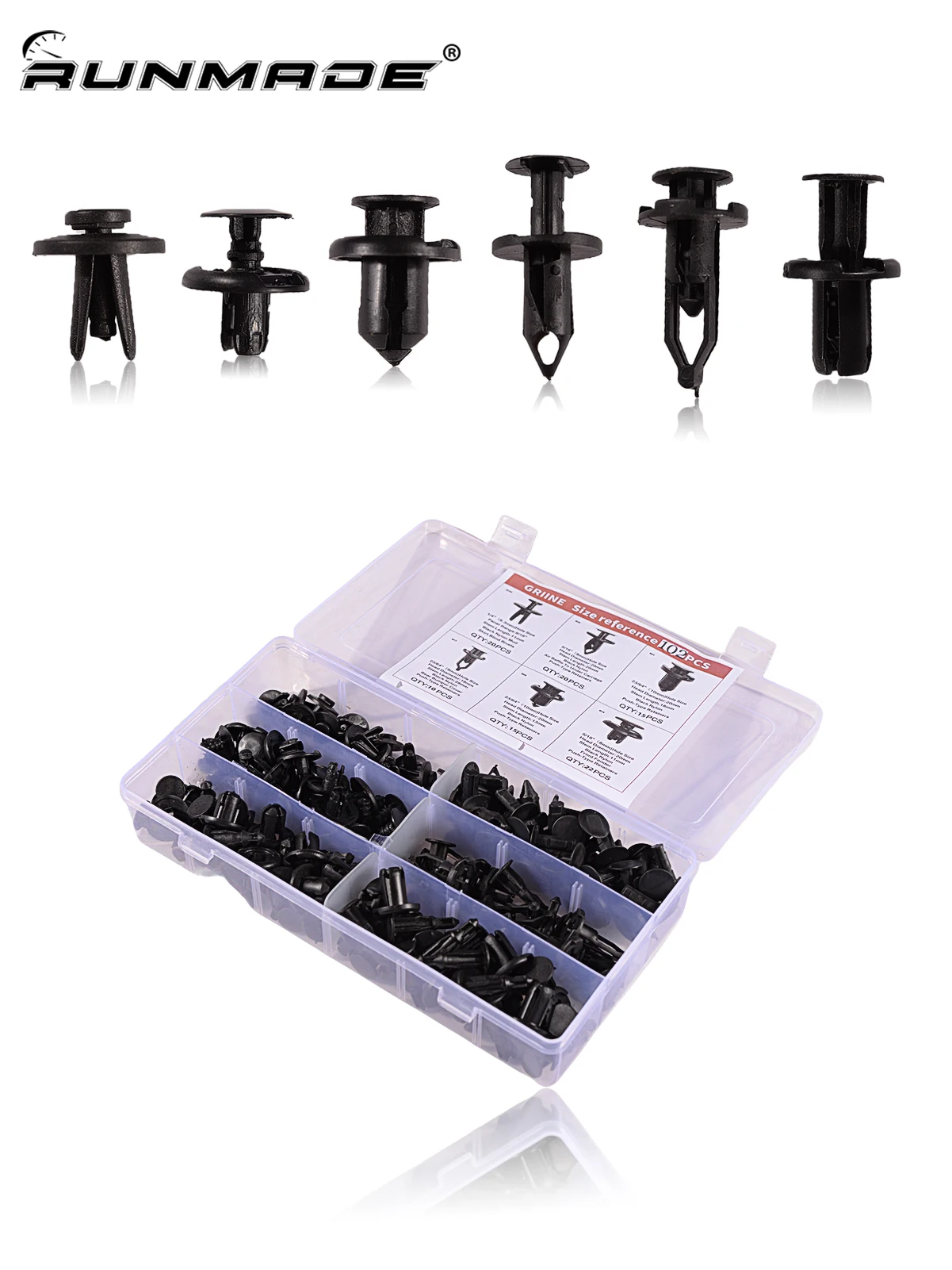 Runmade 102 pièces 6.3mm 8mm 9mm 10mm attaches de poussée de pare-chocs Clips à rivets vis d'expansion Kit de remplacement outil de retrait