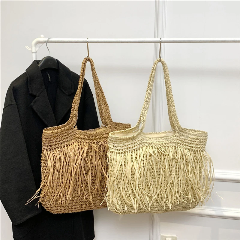 Hollow Out Tote Bags For Women Luxury Designer Handbag Purse New Weave Large Capacity Tassel Shoulder Straw Beach Bag