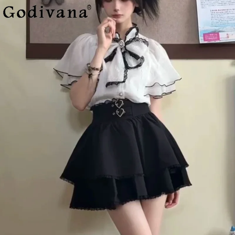 Japanese Girl Sweet Lace Bow Cape Ruffles Subculture Short Sleeve Shirt Fashion High Waist A-line Age-reducing Black Cake Skirt