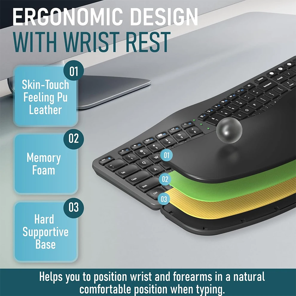 Imagem -06 - Teclado Ergonômico sem Fio com Descanso de Pulso Acolchoado Bluetooth 2.4g sem Fio Teclado Ergonômico Dividido Recarregável para Windows