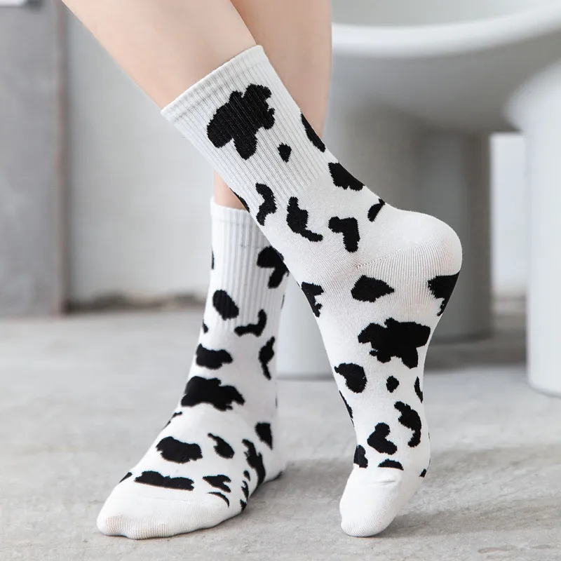 Cute Cow Print Socks for Women White Black Funny Cartoon Animals Sock Girls on Sale Fashion Casual Streetwear Skateboard