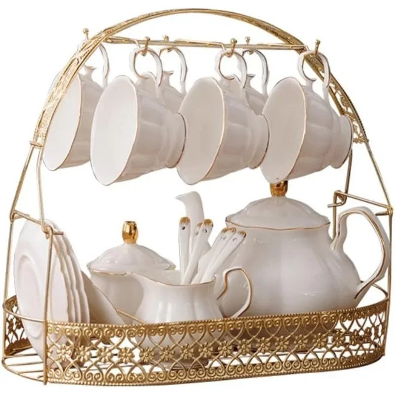 15 Pieces Simple White English Ceramic Tea Sets,Tea Pot,Bone China Cups with Metal Holder Matching Spoons,Afternoon