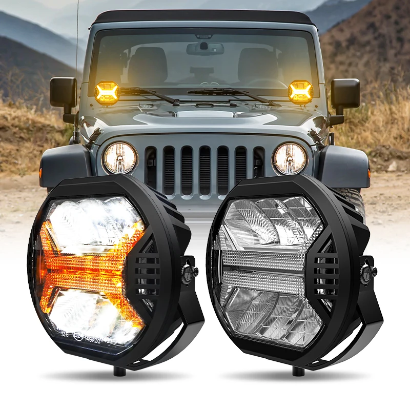 

5.75INCH Led Lights Spotlight Super Bright Offroad LED Work Light Bar White & Amber Strobe Lamp for SUV Truck UTV ATV 4x4 12V
