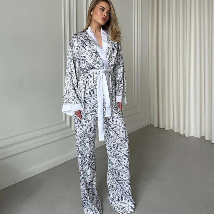 HiLoc Print Fashion Woven Inelastic Women Pajamas 2 Sets Long-Sleeved V-Neck Wrap-Around Lace-Up Nightgown Elastic Waist  Pants