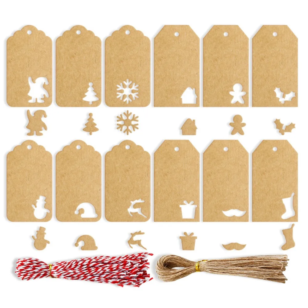 48/96/144pcs Christmas Kraft Paper Hollow Hanging Tag Gift Bag Gift Packaging Decoration Message Card Blessing Card Hanging Tag