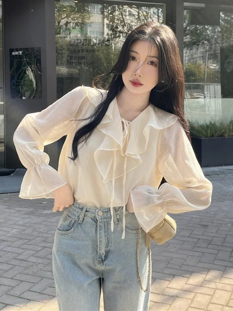 

Летние милые блузки женские элегантный дизайн шикарные женские темпераментные топы с v-образным вырезом чистые мягкие универсальные Harajuku простые модные оборки