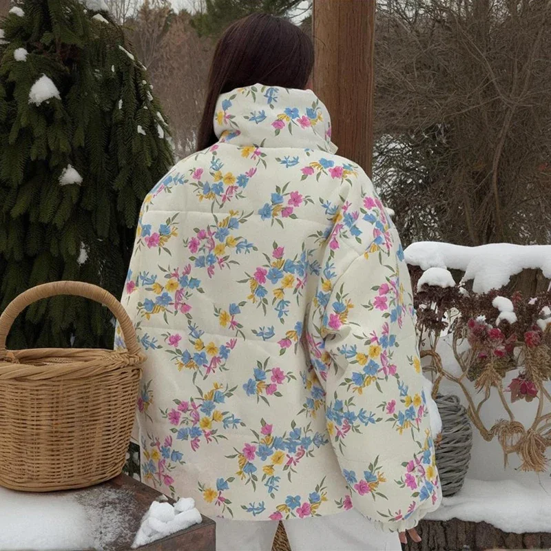 Fmxires 2025 Winter Oversize Printed Cotton Jacket Coat Female Fashion Stand Collar Warm Parkas Long Sleeve Casual Women's Coat