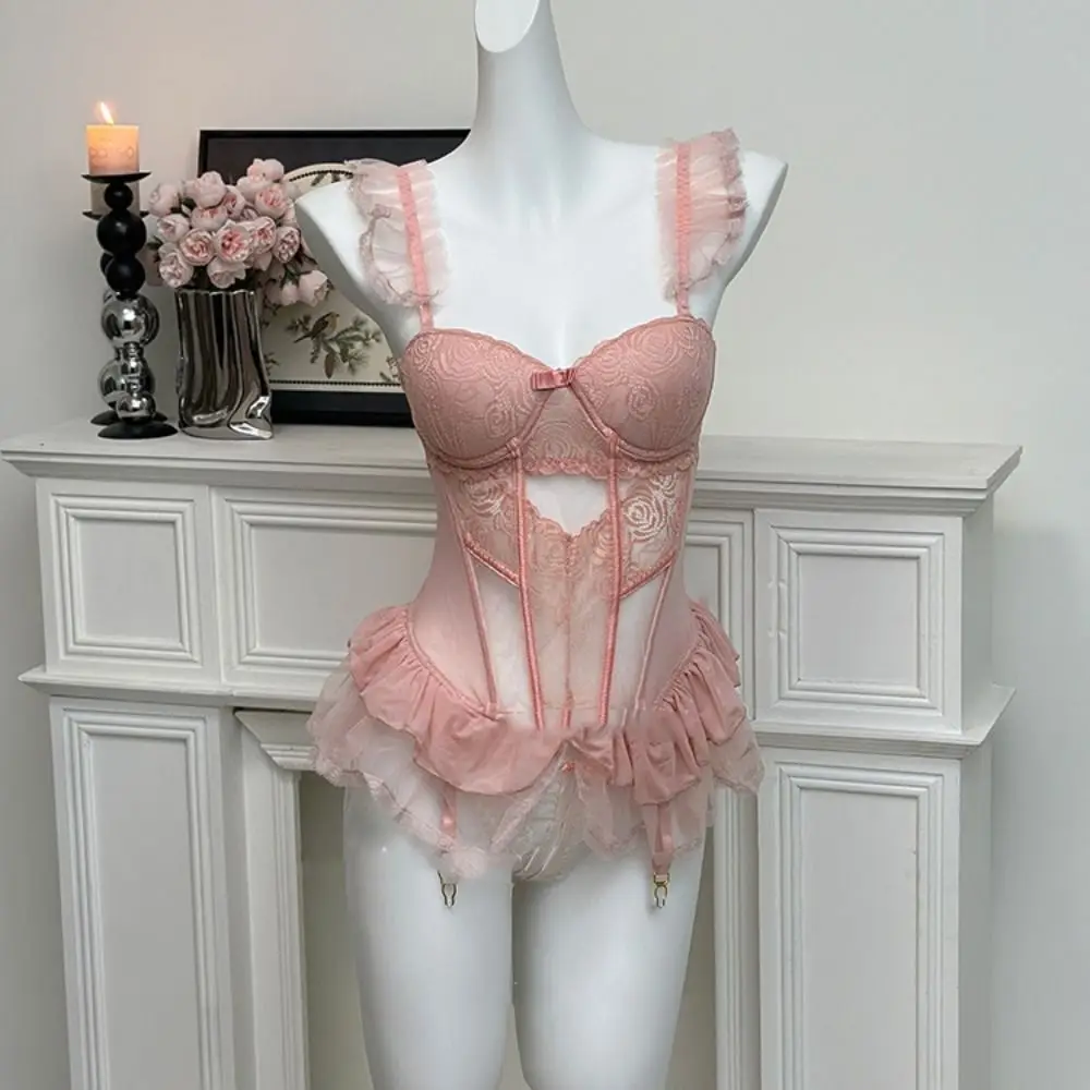 

Pajamas Bow Flower Lace Nightgown Ruffle Women Lingerie Camisole Nightwear Sweet Transparent Mesh Nightdress Girl