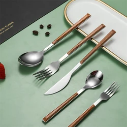 1Pc Wooden Handle Cutlery Stainless Steel Knife Fork Spoon Wooden Flatware Dishwasher Safe Kitchen Tableware Knife Fork Spoon