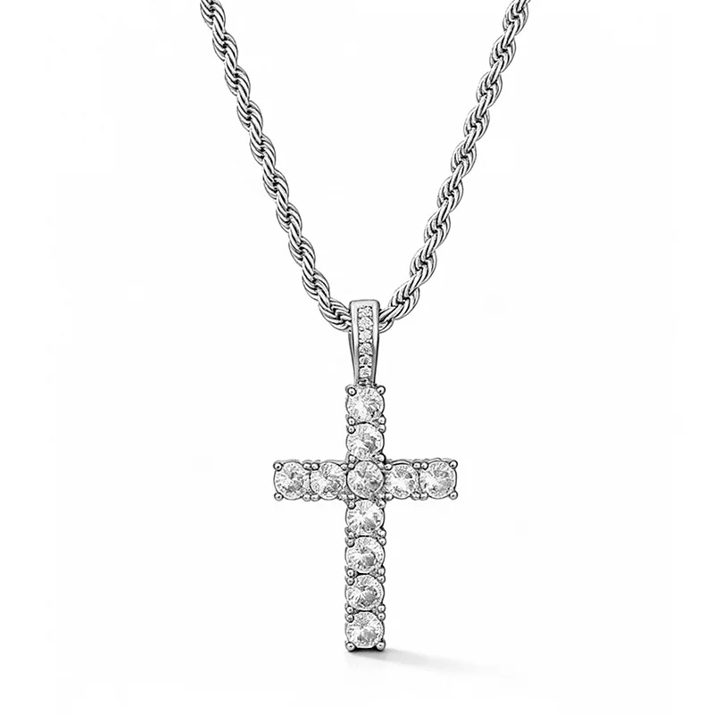 Iced Out Crystal Zircon Cross Pendant Necklace Silver Plated Twisted Chain Necklaces For Men Women
