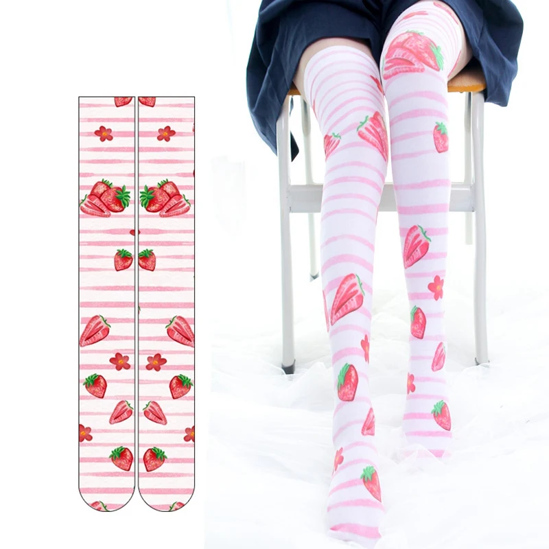 

Sexy strawberry print stockings women cute little love girl casual over-the-knee socks pink shy stockings summer girl gift