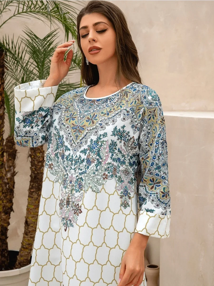 Eid Muslim Party Dress for Women Ramadan Beading Abaya Long Dress Print Morocco Kaftan Vestidos Largos Dubai Robe Jalabiya 2024