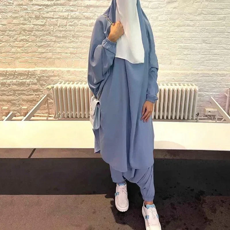 Abaya con capucha para mujer, conjunto de 2 piezas, vestido de oración largo Khimar Hijab, conjuntos musulmanes, traje de pantalón, ropa islámica, Niqab Djellaba para mujer