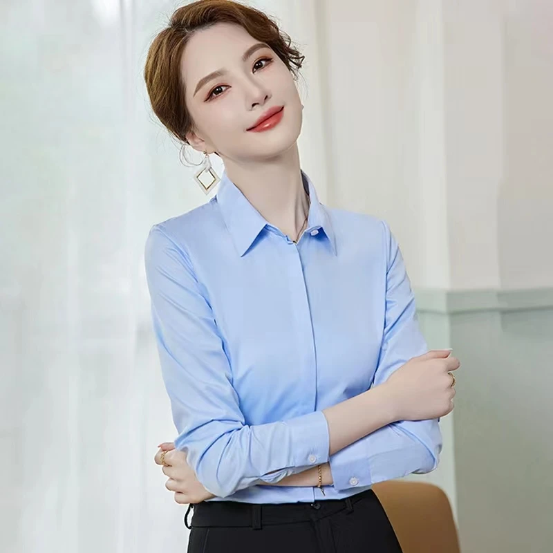 Chemisier à manches longues pour femme Coupe ajustée, blanche, M