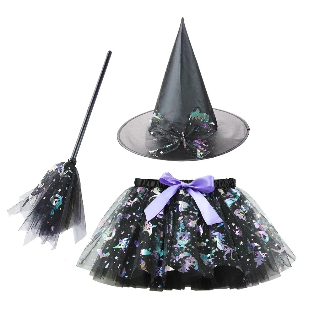 3Pcs/set Wizard Childern Halloween Costumes Broom Pointy Hat Kids Witch Dress Set Costume Cosplay Props Short Skirt