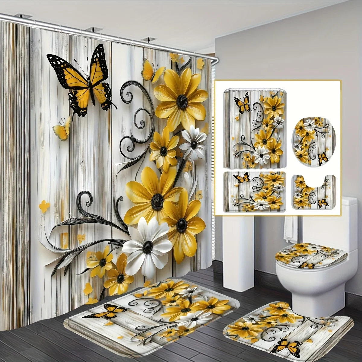 

4-piece floral butterfly shower curtain bathroom set with hooks, bath mat, U-shaped bath mat and toilet cover
