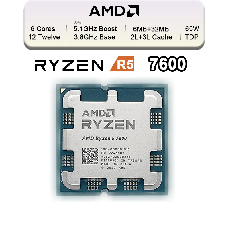 AMD Ryzen 5 7600 R5 7600 3.8 GHz 6-Core 12-Thread CPU 5NM L3=32M 100-000001015 Socket AM5 Tray New but without cooler