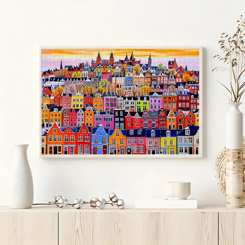 1000 stuks puzzel voor volwassenen - levendig stadsgezicht met kleurrijke gebouwen en herfstbomen, grote familieactiviteit, hersenen