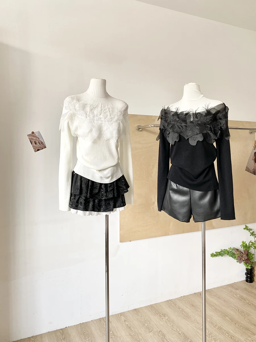 

Spring 2026 Korean Style Knitted Top Women's Slim Fit Shoulder Boreals Heavy Work 3D Flower Design Long Sleeve Fashionable