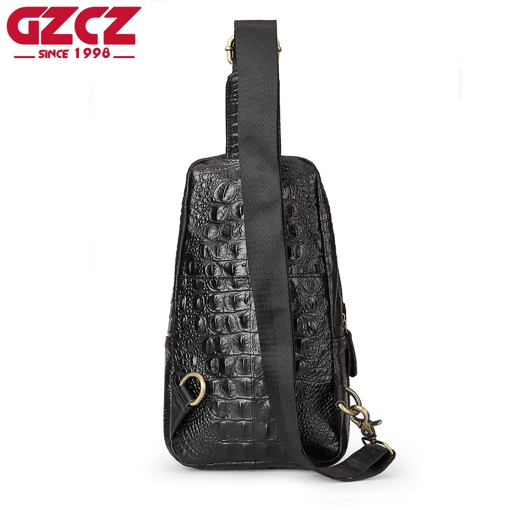 GZCZ Classic Crossbody Bag For Men Layer Leather Crocodile Pattern Chest Bag Retro Mobile Phone Bag Outdoor Travel Bag
