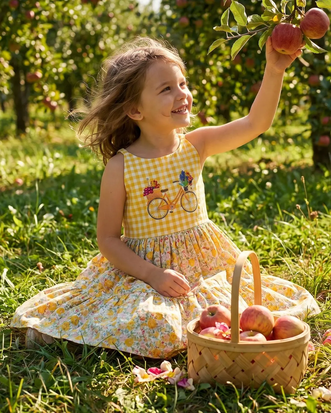 Girls Dress Yellow Gingham Bicycle Embroidery Sleeveless Casual Summer Cotton Sundress