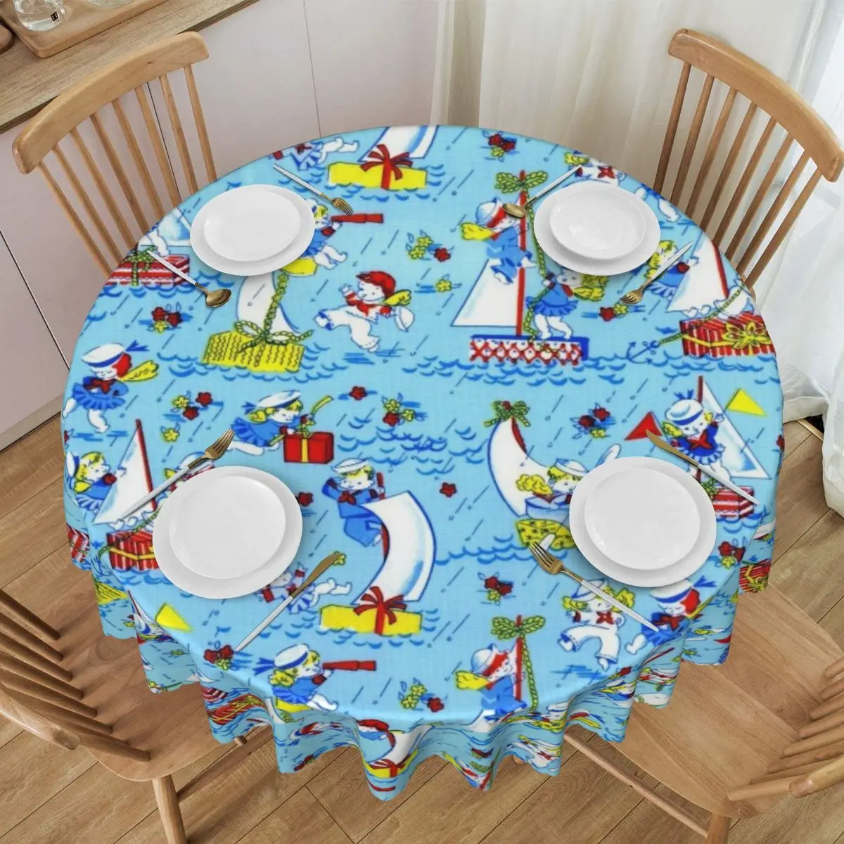 Customized Round Nautical Scatter Tablecloth Waterproof Oil-Proof Table Cover 60 inches Table Cloth