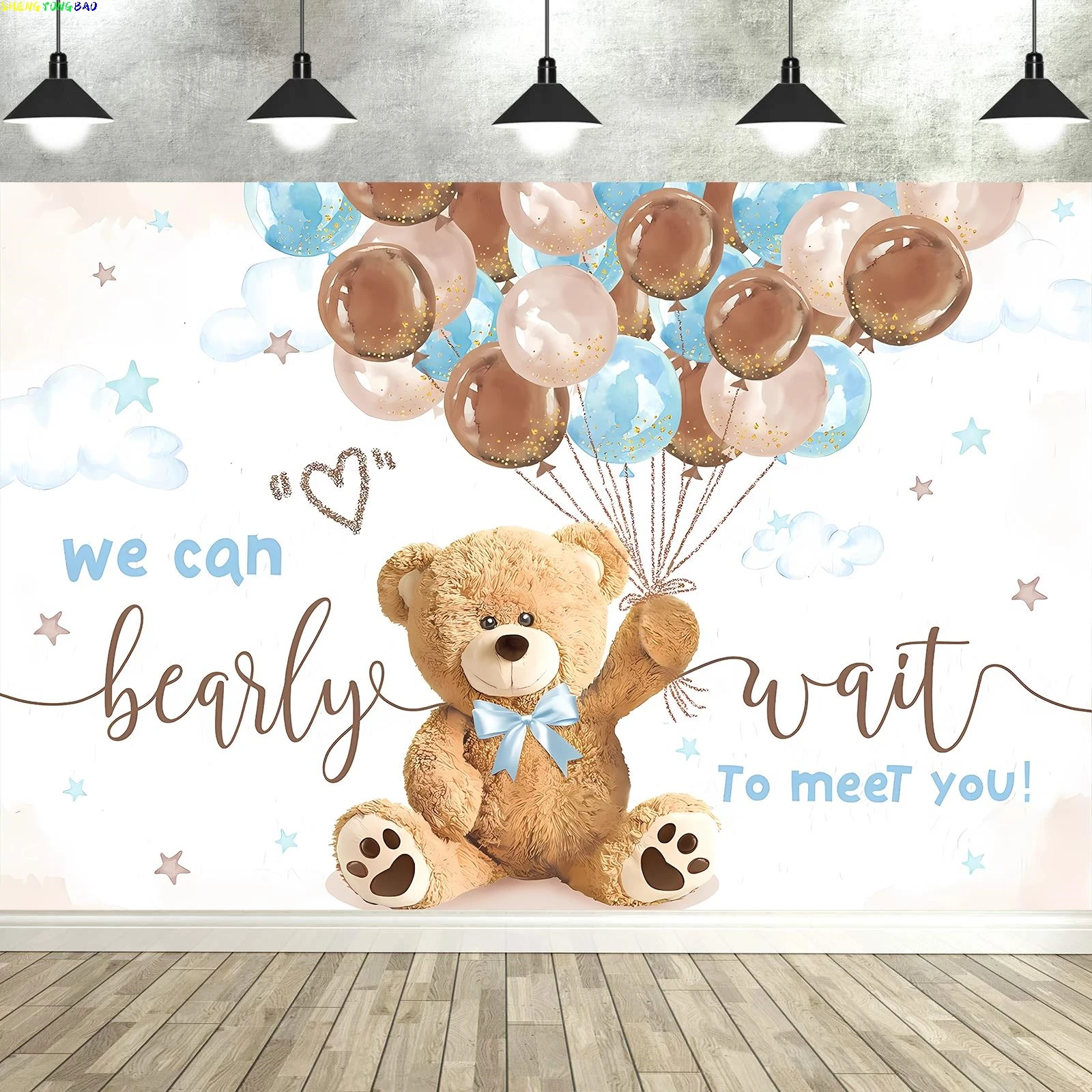 Nous pouvons attendre bearly toile de fond, ours bébé douche décorations mignon dessin animé ballons fête nouveau-né Photo photographie arrière-plans décor