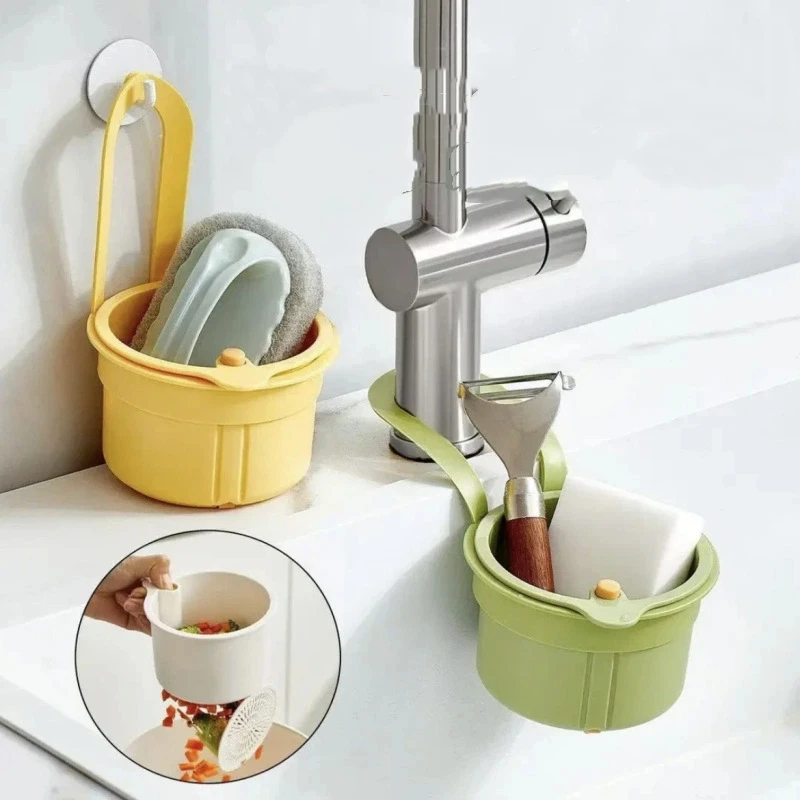 1Pc Plastic Kitchen Hanging Sink Drain Basket Automatic Dump Kitchen Sink Waste Collector Removable Bottom for Easy Installation