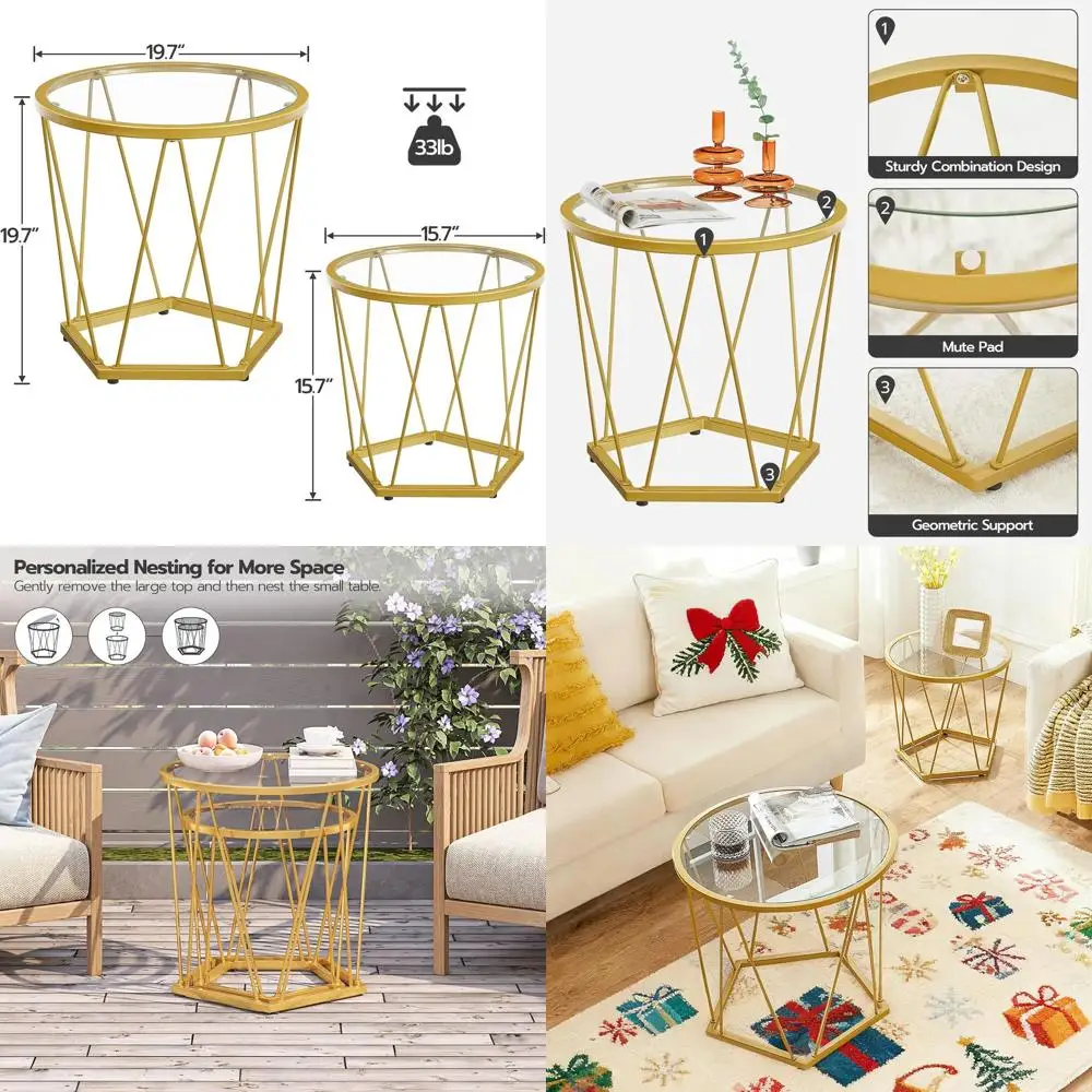 

Pair of Modern Gold Metal Frame Coffee Tables with Glass Tops for Living Room, Bedroom, and Balcony