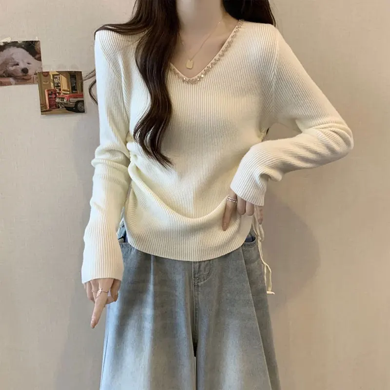 

Female Clothing Diamonds V-Neck Sweaters Basic Solid Color Autumn Winter Fashion Shirring Drawstring Casual Slim Knitted Jumpers