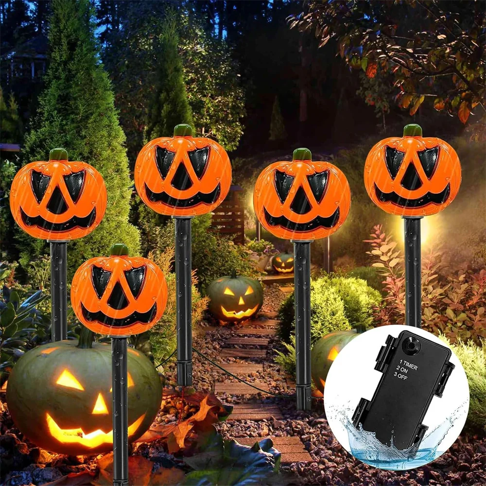 

Halloween Pumpkin LED Light String Outdoor Decoration Horror Theme Water-Resistant Plastic Battery Stake Lights Set Of 5