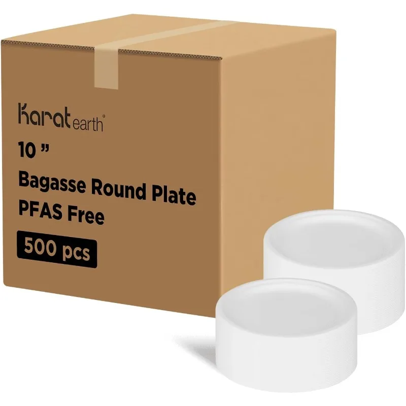 

Bagasse Compostable Plates - Biodegradable, Natural, Microwaveable-Safe, PFAS-Free, 10-Inch, Case of 500