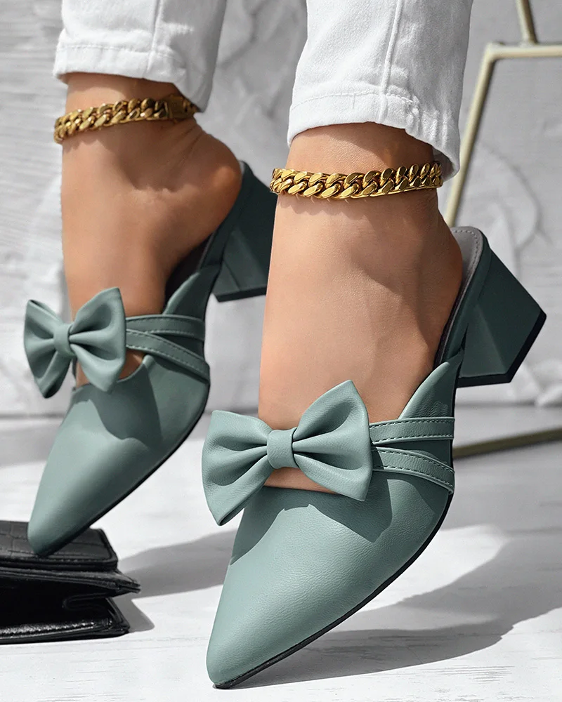 Women's Elegant Urban Shoes 2025 Spring Summer Latest Coarse Heels Pointed High Heels Bow Decor Simple Daily Versatile Shoes