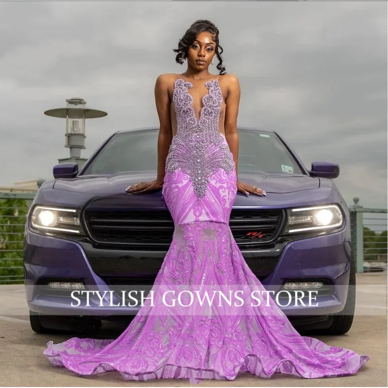 Dreamy Purple Dazzling Mermaid Prom Dress Sparkling Diamante Beaded Applique African Custom Musical Party Dresses