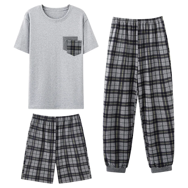 Summer O-Neck Pure Cotton Pajamas Sets Short Sleeve Tops+Shorts+Long Pants 3 Piece Set Sleepwear Male Home Clothes Pijama Hombre