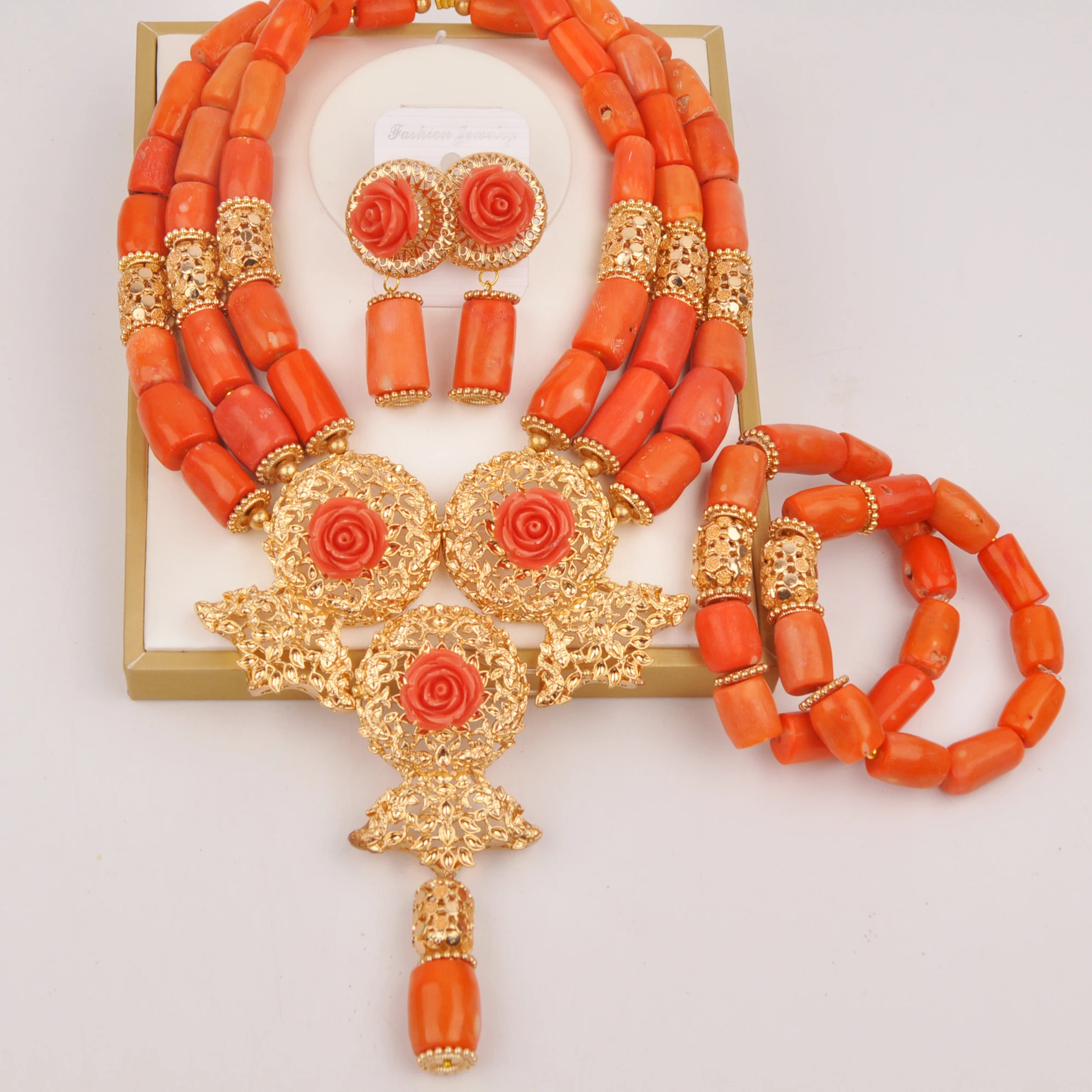 Nigerian Wedding Set High Quality Orange Coral Bead Jewelry Set