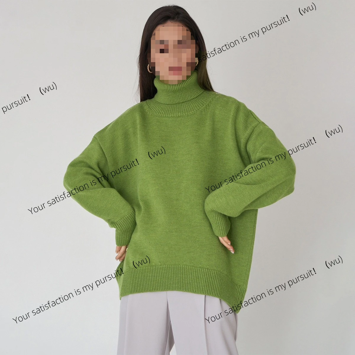 

ZOCI-Сплошной цвет свитер с высоким воротником, осенне-зимний свободный вязаный свитер, женский пуловер