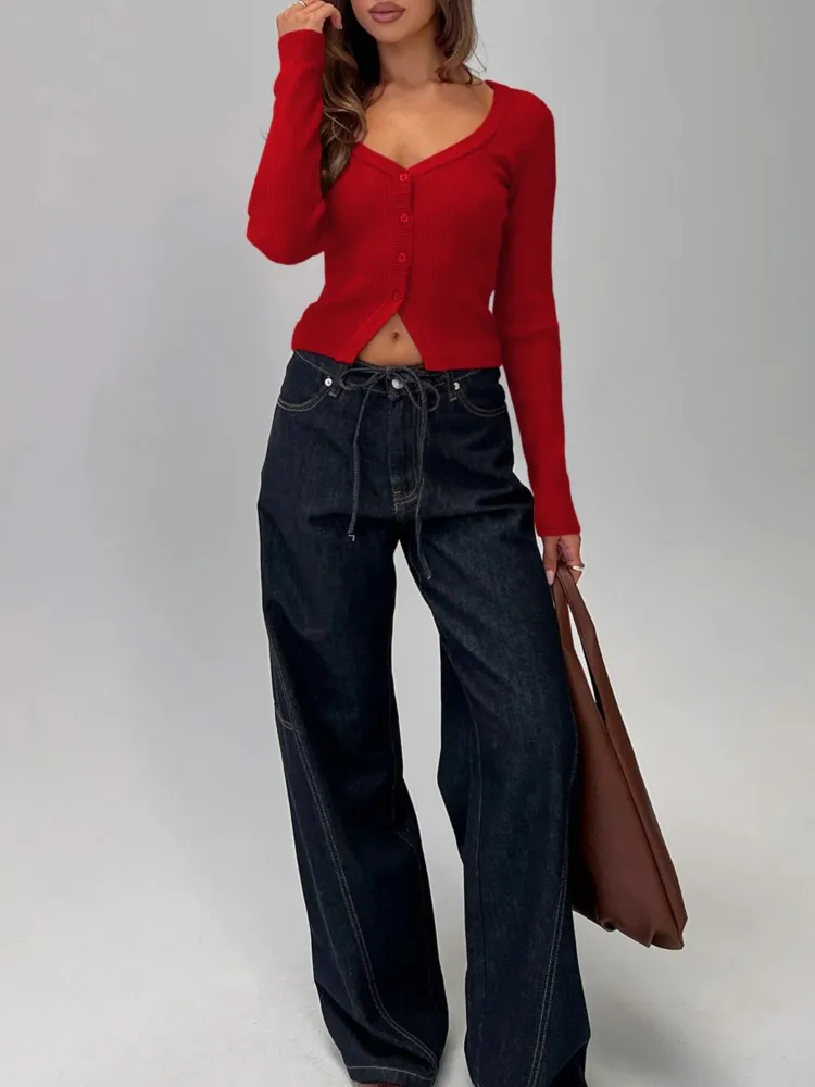 Autumn And Winter V-neck Long-sleeved Ribbed Button Cardigan Slim Commuting Chic Top Women's Street Fashion Casual Versatile Top