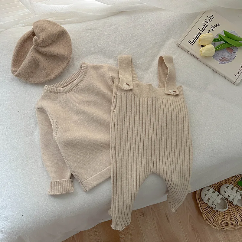 2024 Autumn Knitted Baby\'s Sets Korean Solid Color Knitted Pants for Girls\' Casual Pit Strap Pants Set Baby Fashionable Pants